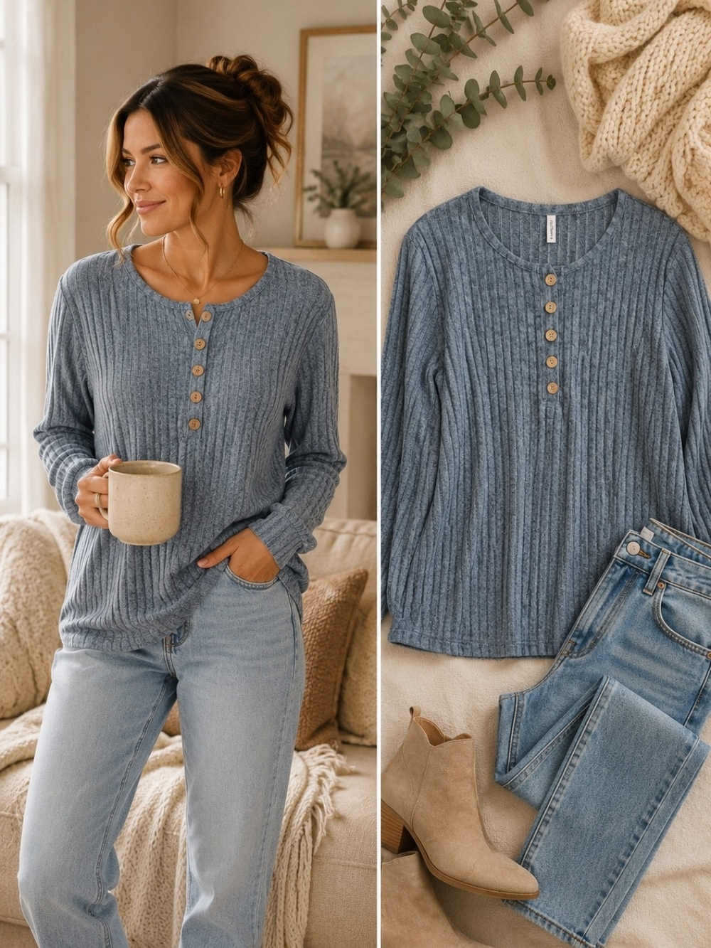 DB Moon Blue Ribbed Henley Top Button Front Super Soft Cozy Long Sleeve Size M